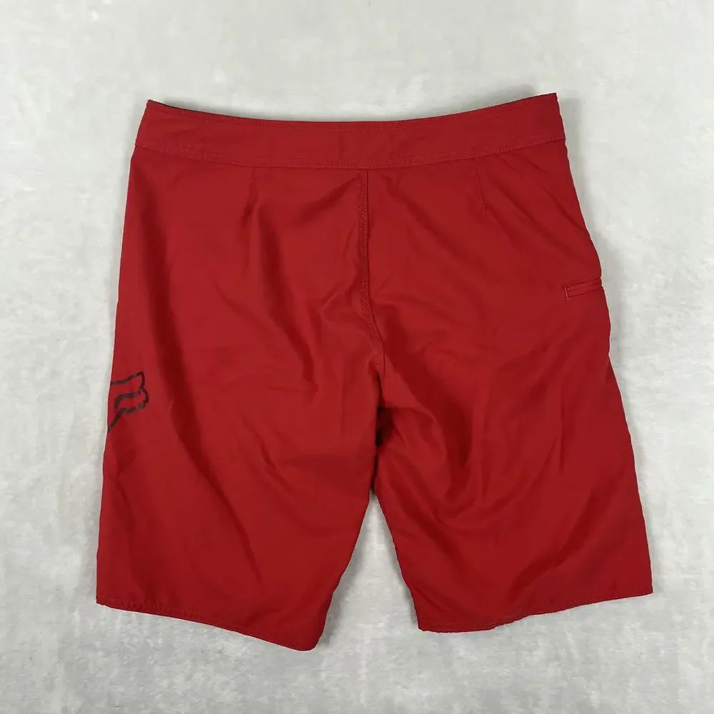 Fox Racing Board Shorts Mens 34 Red Solid Drawstring Zip Pocket Surf Swim
